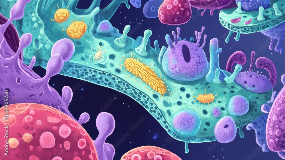 Poster A colorful drawing of a cell with a yellow bug on it