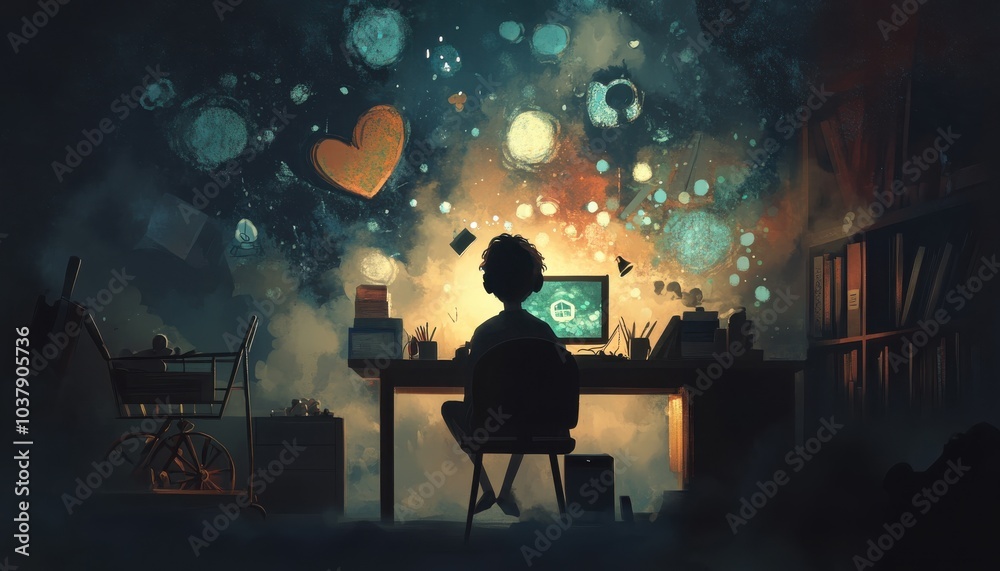 Poster A boy is sitting at a desk with a computer and a book. The room is filled with bookshelves and a cart. The boy is looking at the computer screen