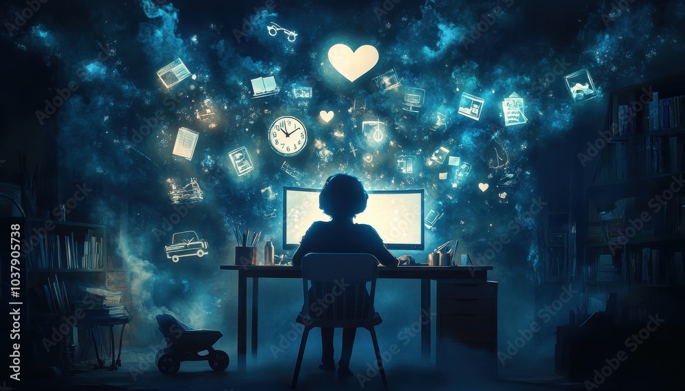 Leinwandbilder a child is sitting at a computer desk in a room with a blue sky background. the room is filled with 