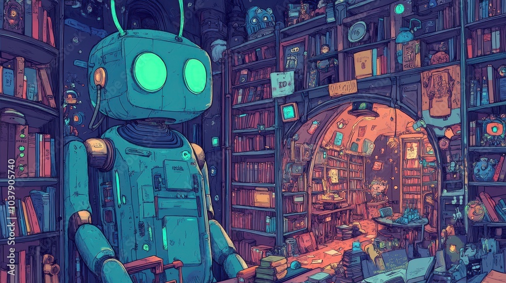 Aufkleber a robot is standing in a room full of books