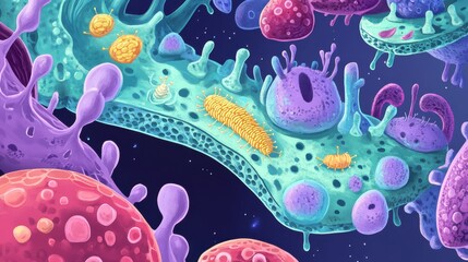 A colorful drawing of a cell with a yellow bug on it