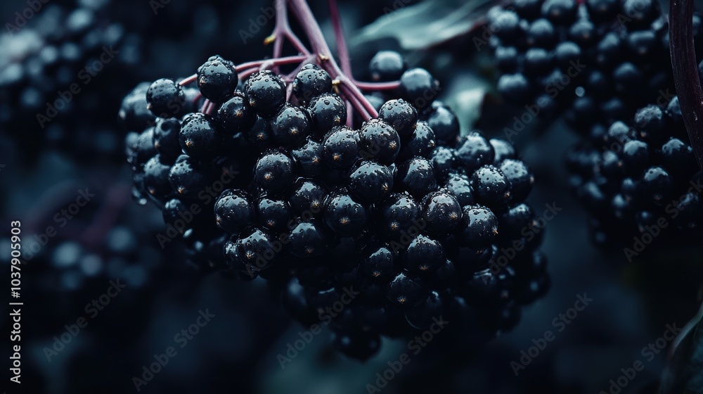 Poster a cluster of black berries with a wet surface