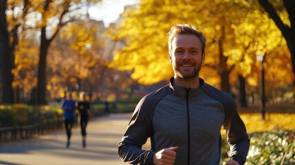 Obraz premium A man is running in a park with a smiling face. The park is filled with trees and leaves, creating a beautiful autumn atmosphere. The man is wearing a grey jacket and he is enjoying his run