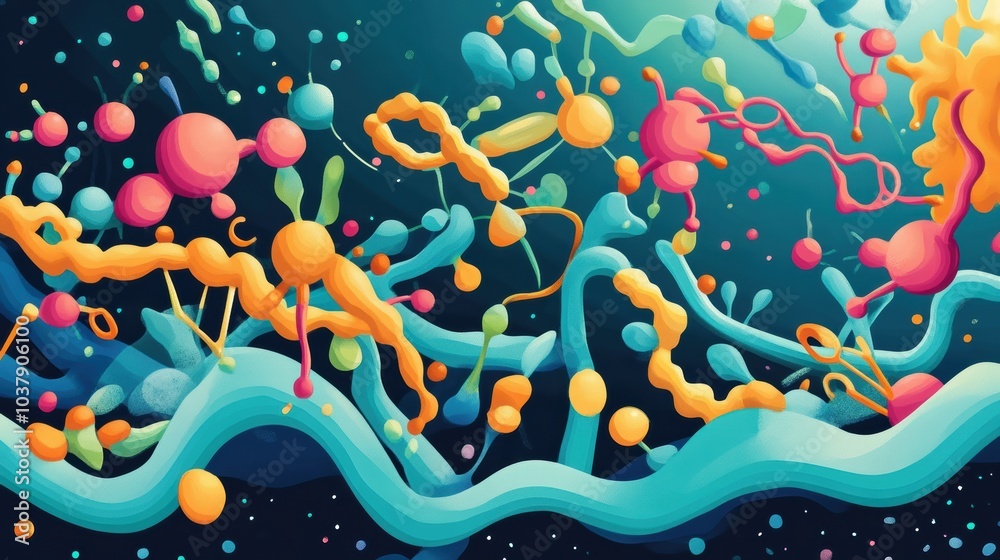 Poster A colorful painting of a bunch of different colored blobs and lines