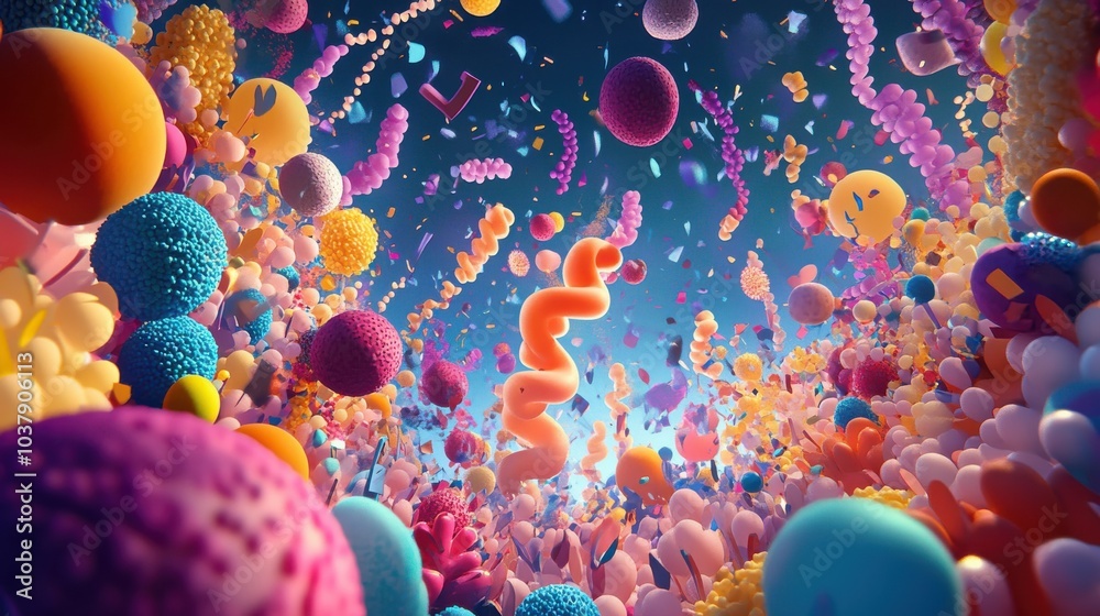 Poster a colorful, abstract image of many different colored balls and spheres