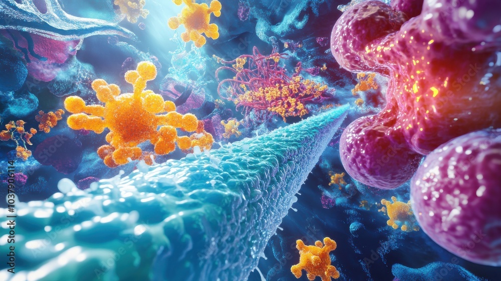 Poster A colorful image of a cell with a blue line running through it