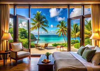 Experience ultimate relaxation in a luxurious resort room with stunning windows that frame a beautiful beach, ensuring