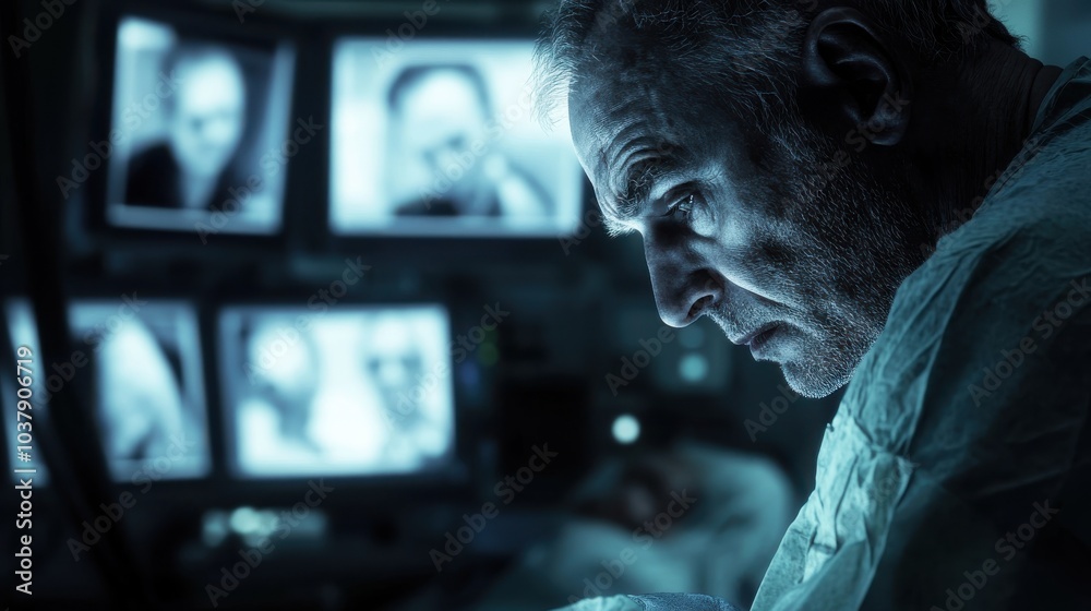 Poster A man is looking at a computer screen with four monitors. He is wearing a white lab coat