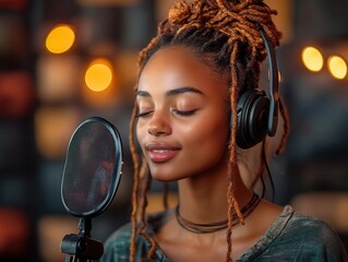singer passionately recording vocals in a studio booth, utilizing a pop filter, surrounded by soundproofing, immersing in the creative process of music production