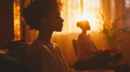 Therapist guides client in mindfulness techniques during a relaxation session in soft, serene lighting