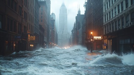 Water surges through the streets of New York City during a hurricane, submerging iconic buildings and creating chaos