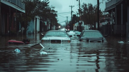 Flooded streets in New Orleans show submerged cars and floating debris in the quiet aftermath of a hurricane