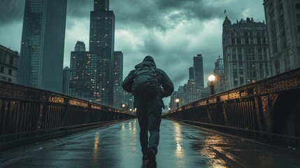 Courier braces against fierce winds while crossing bridge in Chicago under dramatic storm clouds