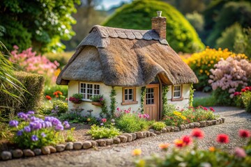 Miniature cottage with thatched roof and flower garden seen from a tilted angle