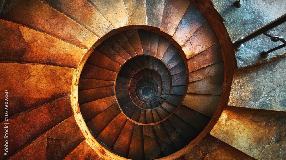 Poster a stunning close-up of a modern spiral staircase showcasing divine proportion and symmetry with meta