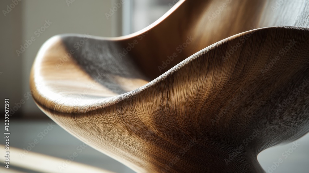 Poster a close-up view of a modern minimalist chair featuring divine proportions and smooth curves in soft 