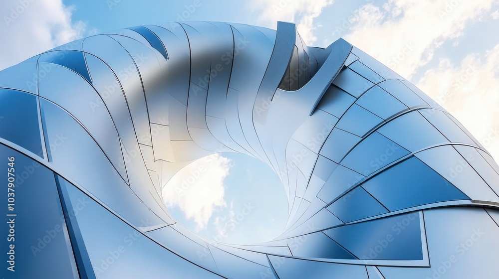 Poster Fibonacci spiral integrated into a modern building facade showcasing clean lines and futuristic design in urban architecture