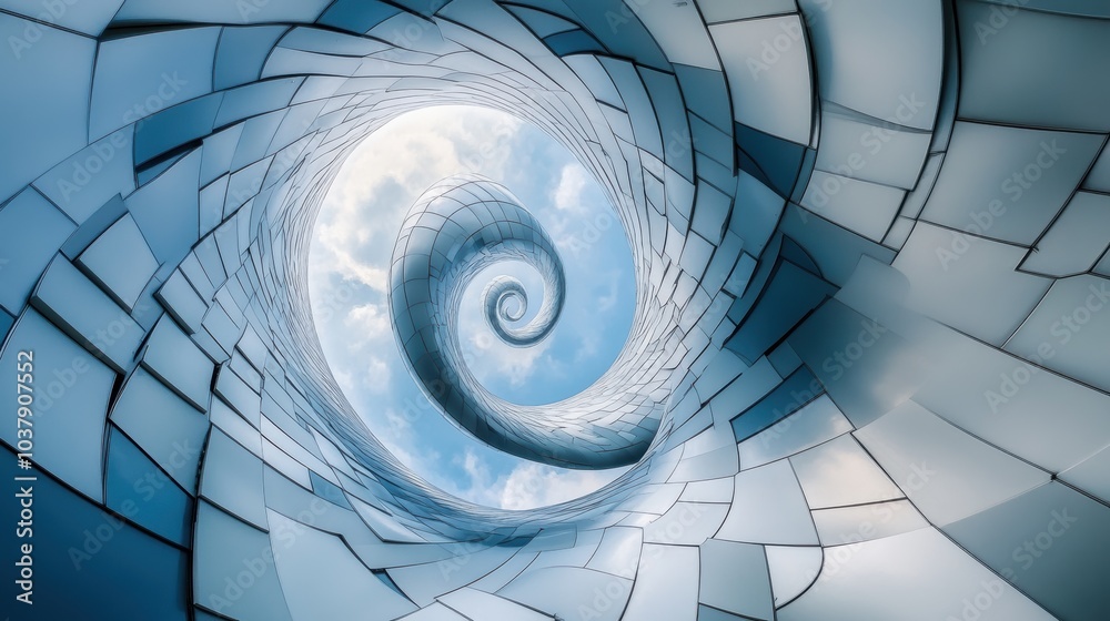 Poster Fibonacci spiral elegantly overlaying a modern building facade showcasing clean lines and futuristic design principles
