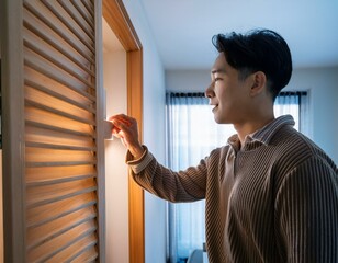 自宅で使っていない部屋の電気をこまめに消して回る人の姿。夜になっても必要最低限の照明だけを使い、エコで電気代を節約する意識が強く表れている。省エネのために、暖房やエアコンも適切に調整さ 