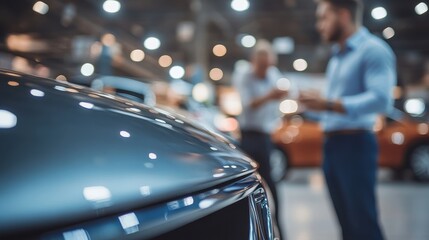 A car salesman discusses features and offers with a customer beside a shiny vehicle in a modern dealership environment