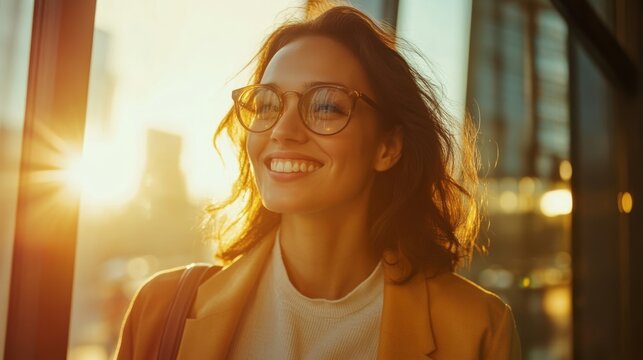 Hopeful client leaving therapy session with a smile, basking in sunlight streaming through the office windows