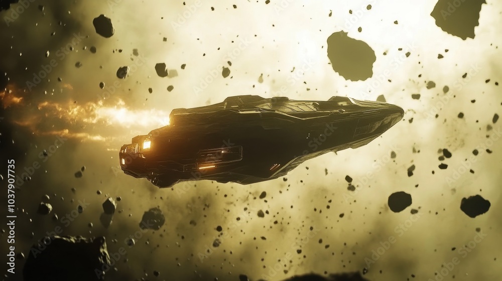 Poster A spaceship skillfully navigates through a dangerous field of asteroids, evading potential collisions in space