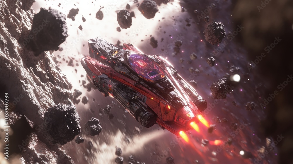 Poster A spaceship navigates through a treacherous asteroid field in deep space while avoiding the floating debris and obstacles