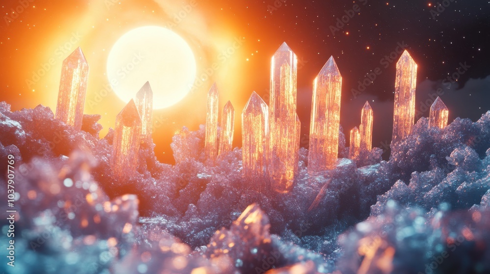 Poster a spacecraft explores a dazzling crystal planet illuminated by the radiant light of a distant sun in