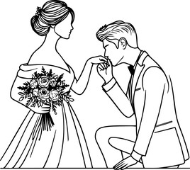 Black Line Art Romance Prostrate Wedding Couple Celebrate Hand Drawn Illustration