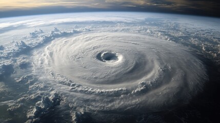 Aerial view of a powerful hurricane spiraling over the dark ocean with white clouds, showcasing the storm's immense size and intensity