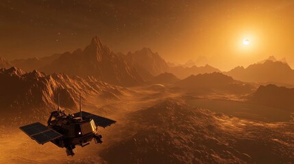 Space probe descends onto uncharted exoplanet, transmitting data of breathtaking alien landscapes at dusk