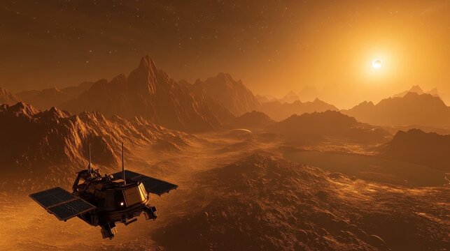 Space probe descends onto uncharted exoplanet, transmitting data of breathtaking alien landscapes at dusk