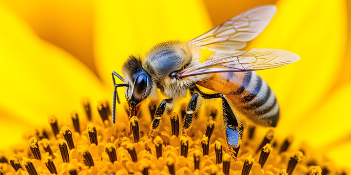 Abelha em close-up sobre um girassol