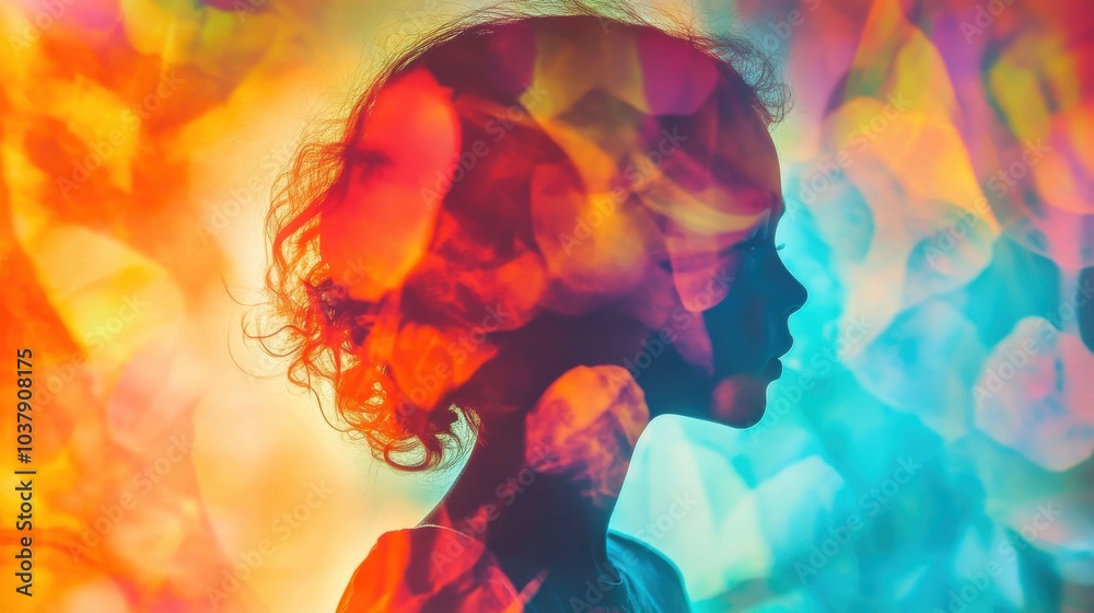 Aufkleber A child with the power of invisibility blends into a vibrant, colorful background filled with playful patterns and textures