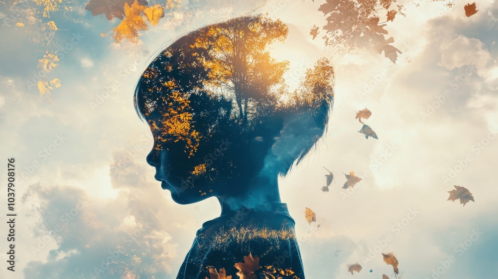 Poster a child dreams while surrounded by enchanting landscapes and surreal elements in a captivating doubl