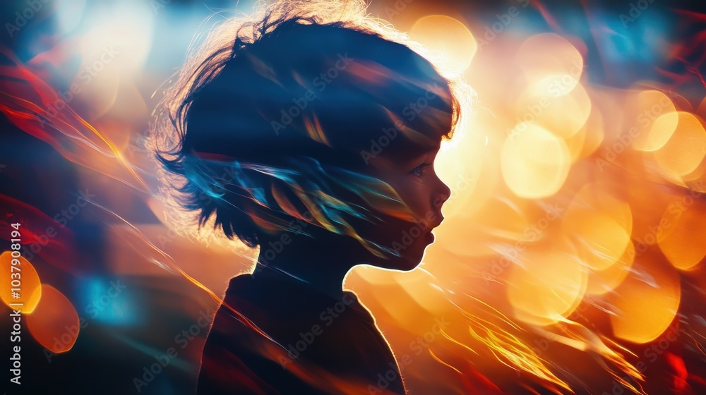 Aufkleber dynamic double exposure capturing a child's silhouette in vibrant streaks of light symbolizing super