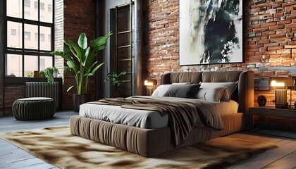 A modern, luxurious bedroom in an urban loft setting, featuring exposed brick walls and industrial-style windows