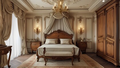 A timeless bedroom design with rich wood furnishings and antique accents