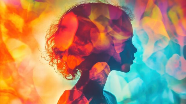 A child with the power of invisibility blends into a vibrant, colorful background filled with playful patterns and textures