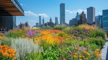Vibrant urban rooftop garden adorned with exotic flowers and plants against a stunning city skyline