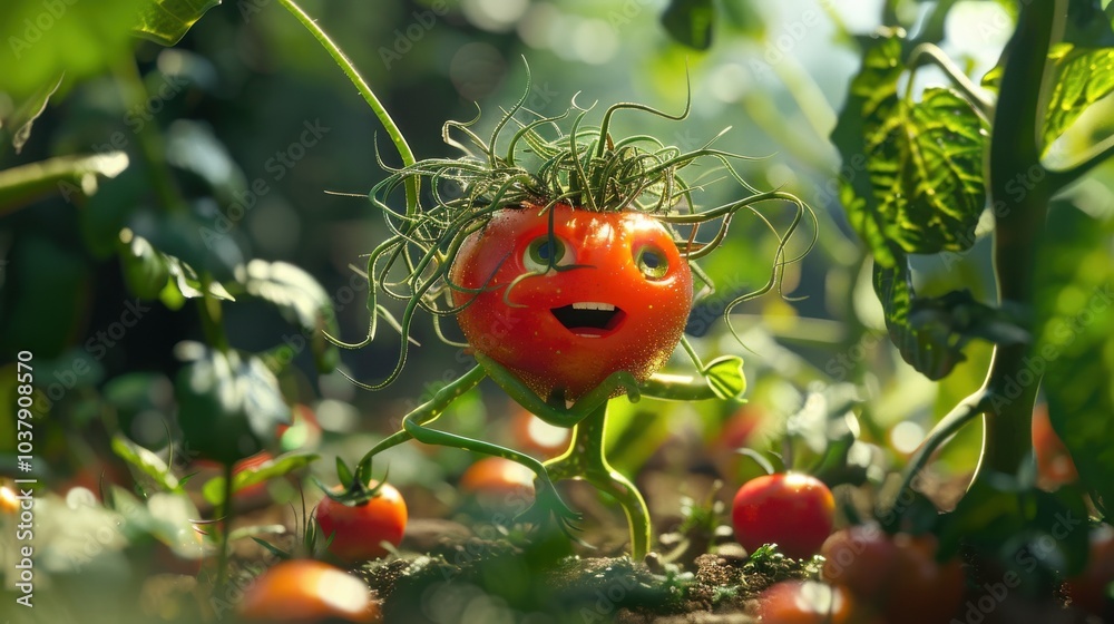 Poster a tomato with a flower on top of it is standing in a garden. the tomato is smiling and he is happy