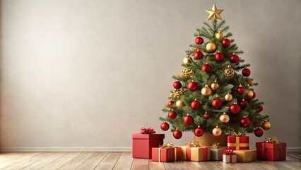 Minimalist Christmas tree adorned with gift and decoration in festive red and gold