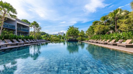 Obraz premium A serene outdoor swimming pool with clear water and neatly arranged lounge chairs, surrounded by tropical plants and a bright blue sky, early morning light creating a tranquil atmosphere