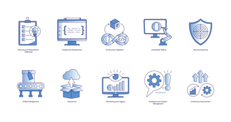 DevSecOps Process Icon Set: Comprehensive Icons for Development, Security, and
