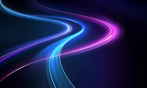 Abstract background with neon glowing lines in curved shapes on a dark blue and purple background,