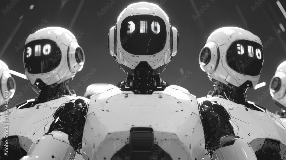 Poster robots display the three rules of robotics in monochromatic tones, standing in formation within a fu