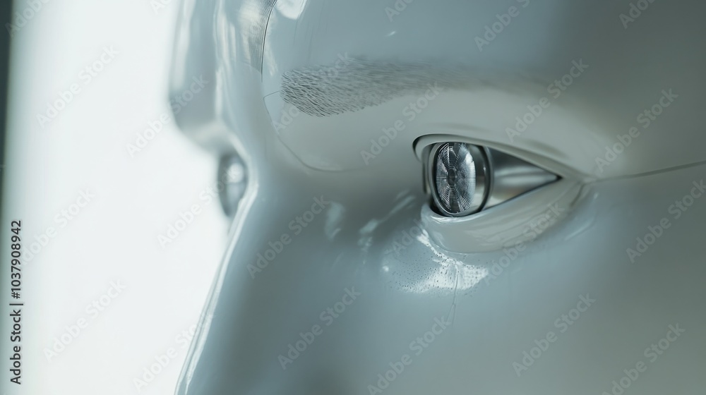 Poster a close-up view of a robot's face reflecting on the three laws of robotics in a moment of introspect