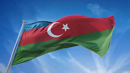 3D animation features national flag Azerbaijan waving seamlessly wind providing patriotic visually engaging looped video 4K ideal presentations official events abstract background baku blue capital