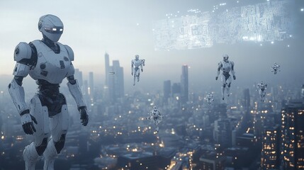 Futuristic robot law enforcement units patrol a sprawling city under a twilight sky displaying the Three Laws of Robotics