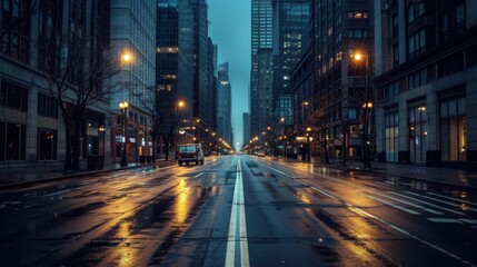 A city street at night with a car driving down it. The street is wet and the lights are on